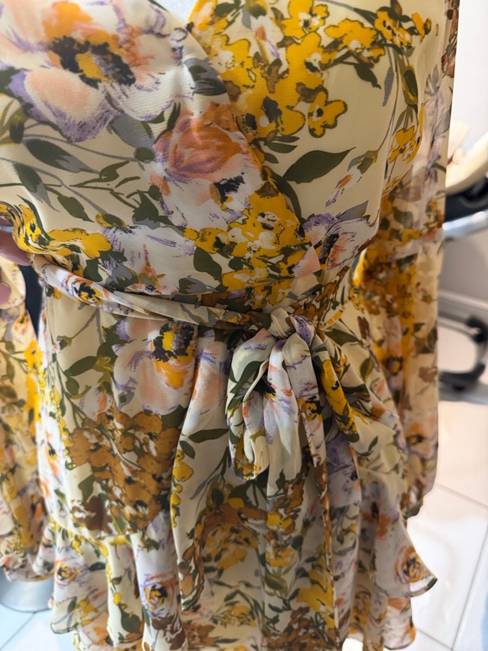 Luxxel Yellow Floral Wrap Long-Sleeve Ruffle Mini Dress - Picture 8 of 8